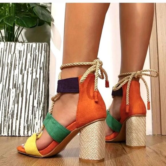 boho colorful open toe heels - Picture 2 of 7